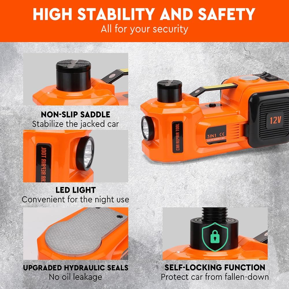 HORUSDY 12V 5T Electric Hydraulic Car Jack Kit with Built-In Air Pump & LED Light, Portable 3-In-1 Auto Floor Jack Lifting Set image number 2