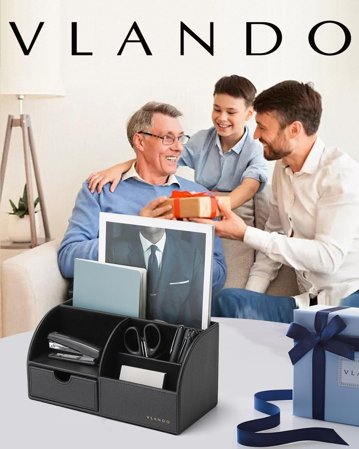 Vlando Office Supplies Desk Organizer Caddy, Desktop Hanging File Letter Document Storage Holder with Drawer Organizer Section for Office Home (Black) image number 3