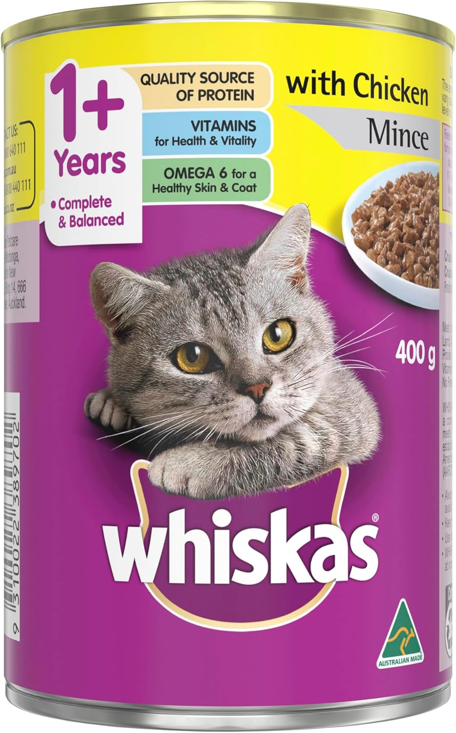 WHISKAS 1+ Years Adult Wet Cat Food Chicken Mince Can 400G Can, 24 Pack