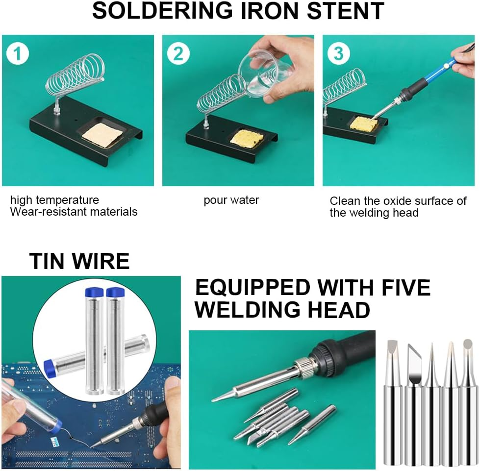 60W Soldering Iron Kit, 15 in 1 Soldering Kit, Adjustable Temperature Soldering Iron. Electric Welding Tool, with 5 Soldering Iron Tips, Mini Wire Stripper, Solder Tube, Soldering Iron Stand, Tweezers