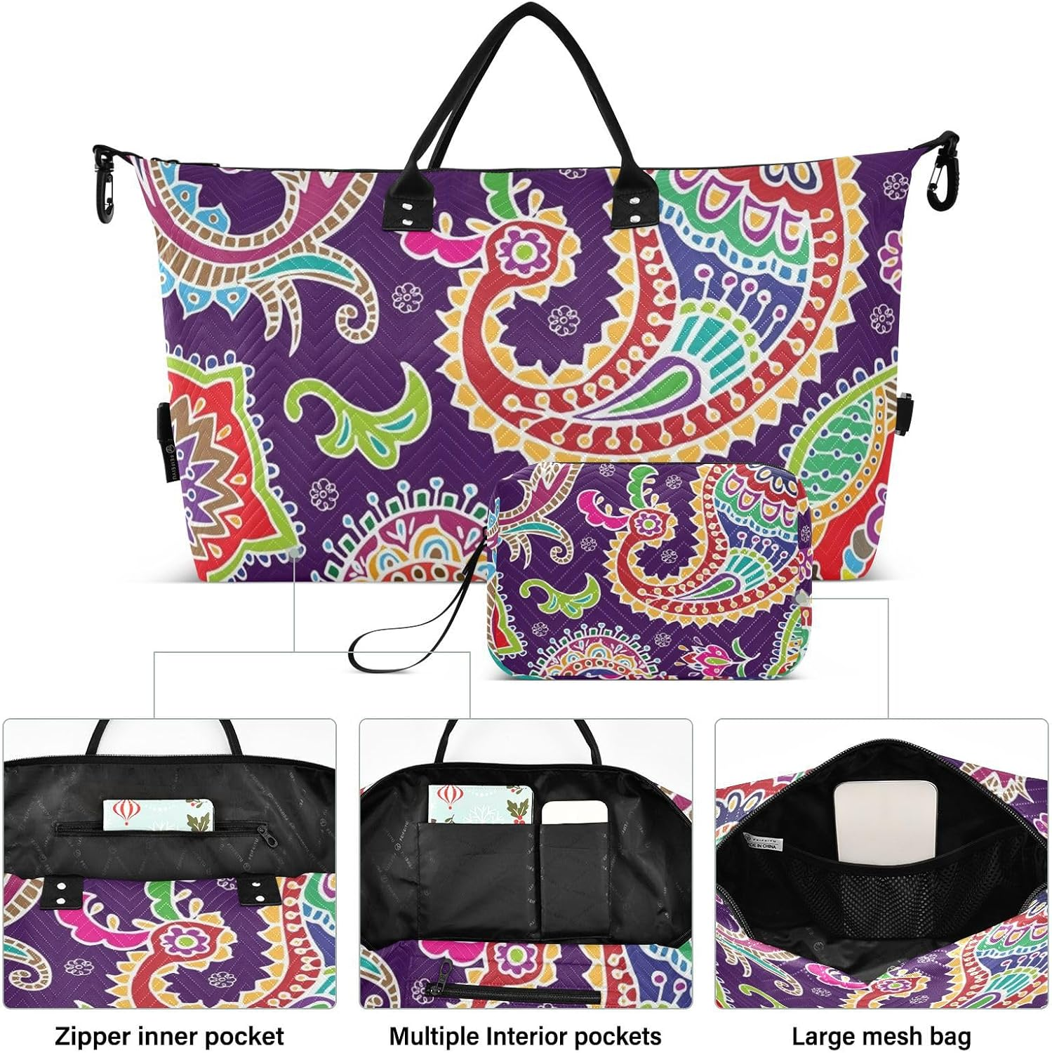 Ethnic Style Paisley Cashew Flower Ham Tattoo Personal Item Travel Bag Travel Weekender Gear Bag Sports Duffel Bags with Adjustable Strap for Sports Large Capacity, Ethnic Style Paisley Cashew Flower
