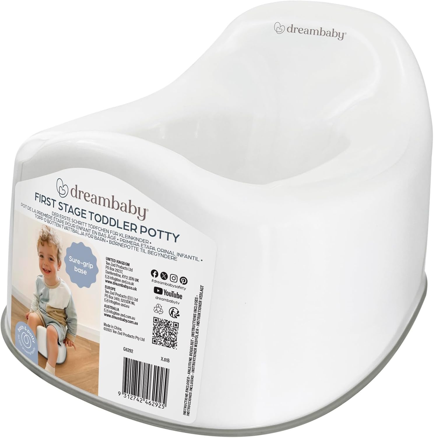 Dreambaby My First Stage Potty, anti Slip Potty, Compact and Lightweight, anti Splash Guard, 18 Months to Maximum 25Kg - Bright White/Grey