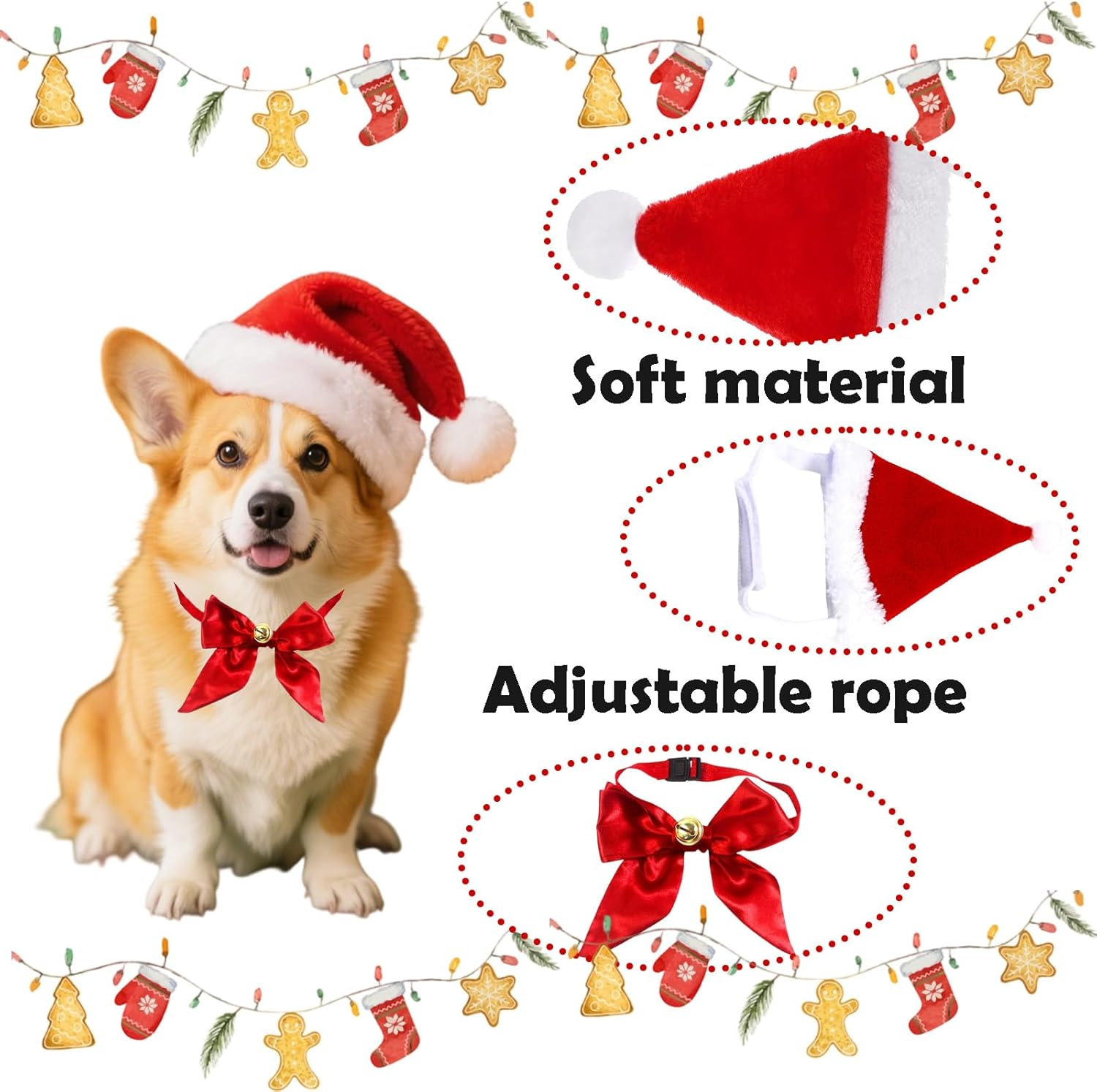 Christmas Dog Costume, 1 X Christmas Hat and 1 X Bell Butterfly Knot, Dogs, Cats, Christmas Costume, Ideal for Christmas Photos and Family Celebrations (Red) image number 6