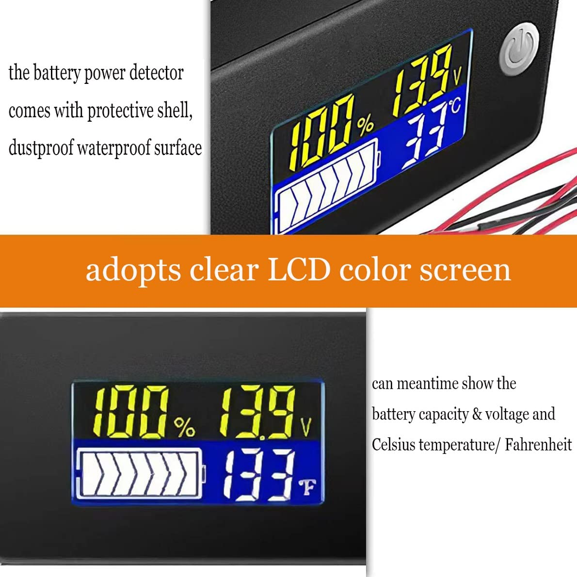 Kivner 12V/24V/36V/48V/60V/72V Battery Monitor Tester - Voltage, Capacity, Temperature Display - Lead Acid, Lithium, Lifepo4 Batteries - Cars, Marine, RV image number 2