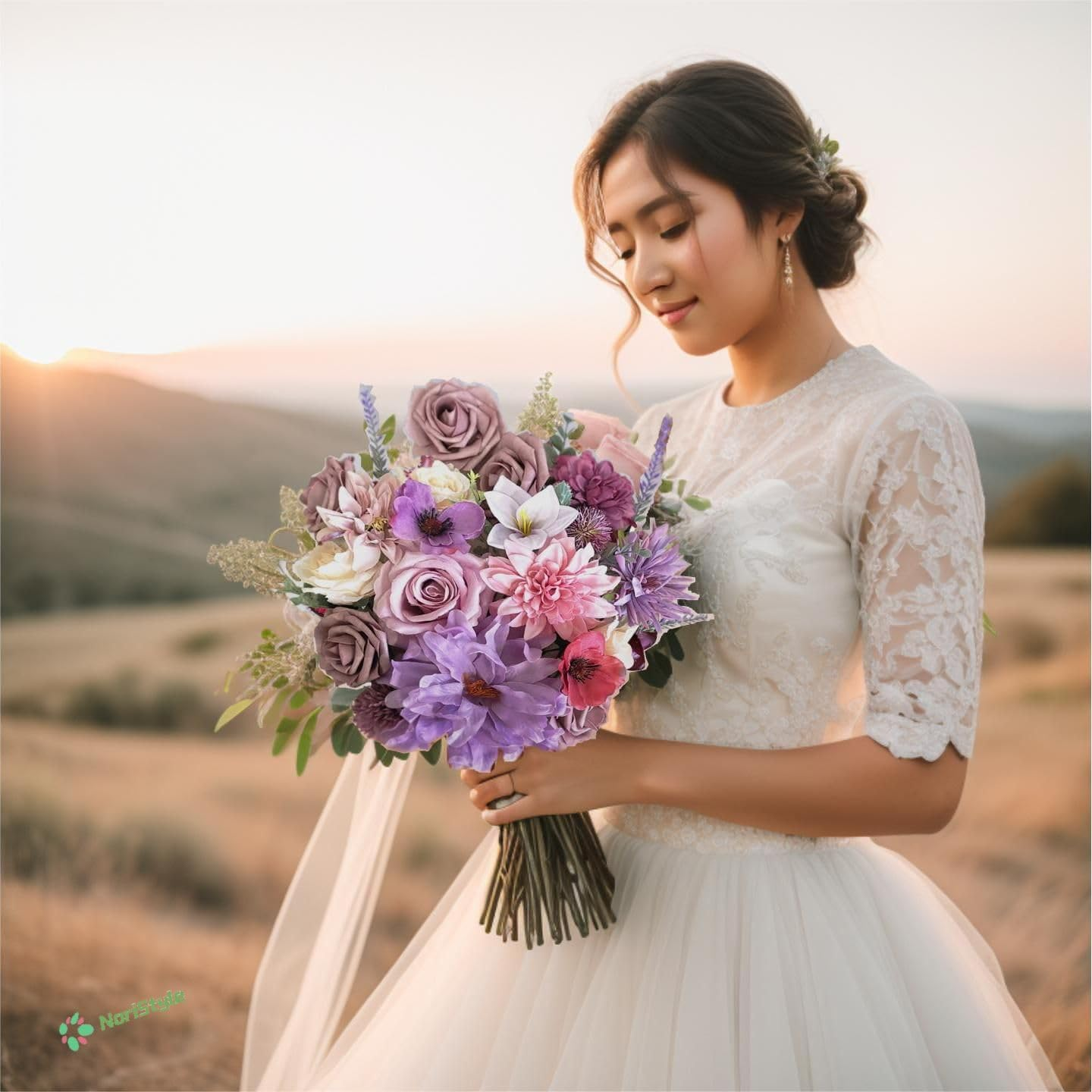 Artificial Silk Purple Champagne Rose Flowers Box for Wedding Decorations, Real Touch Peony and Fake Rose Bouquets with Stems for Wedding Cake Topper Party Bridal Bouquets Indoor Outdoor Decorations image number 6