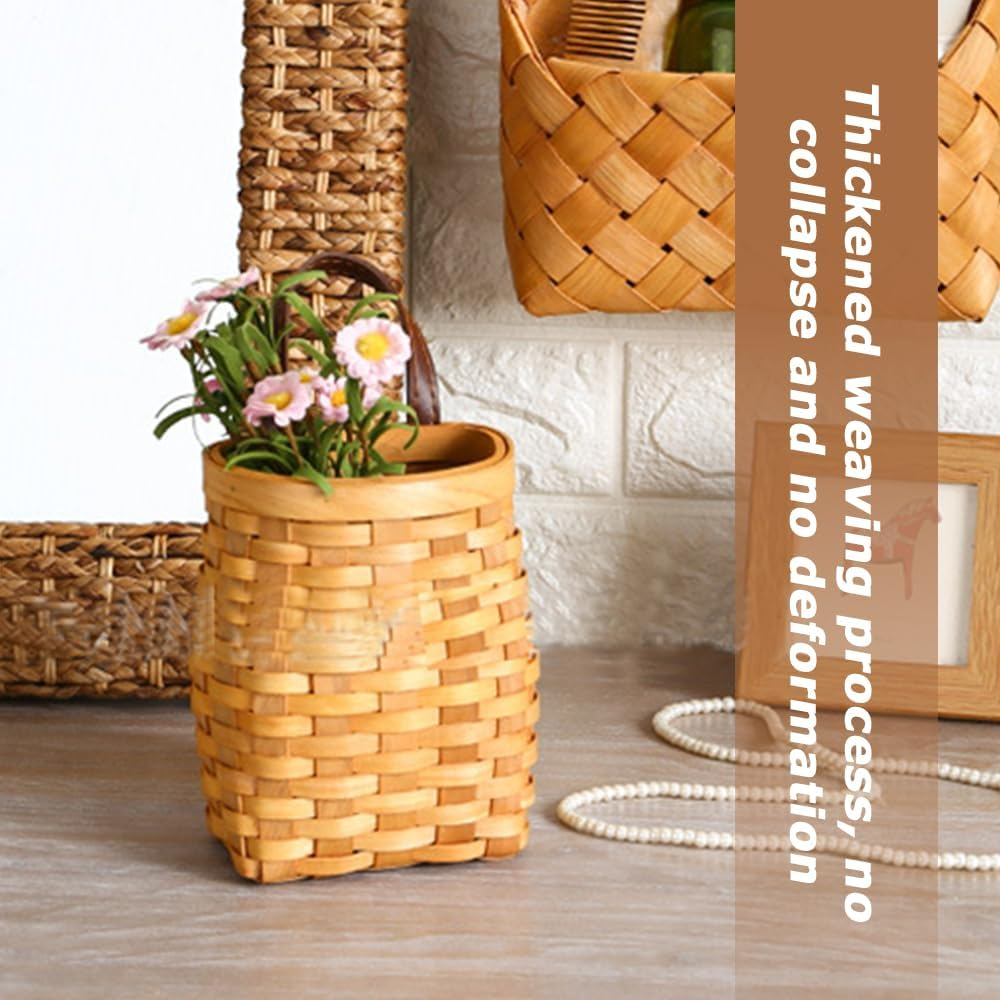 Rustic Woven Wood Hanging Basket, Small Vintage Style Woven Planter, Space Saving Organizer Basketry, Natural Finish, Farmhouse Charm, Perfect for Entryway