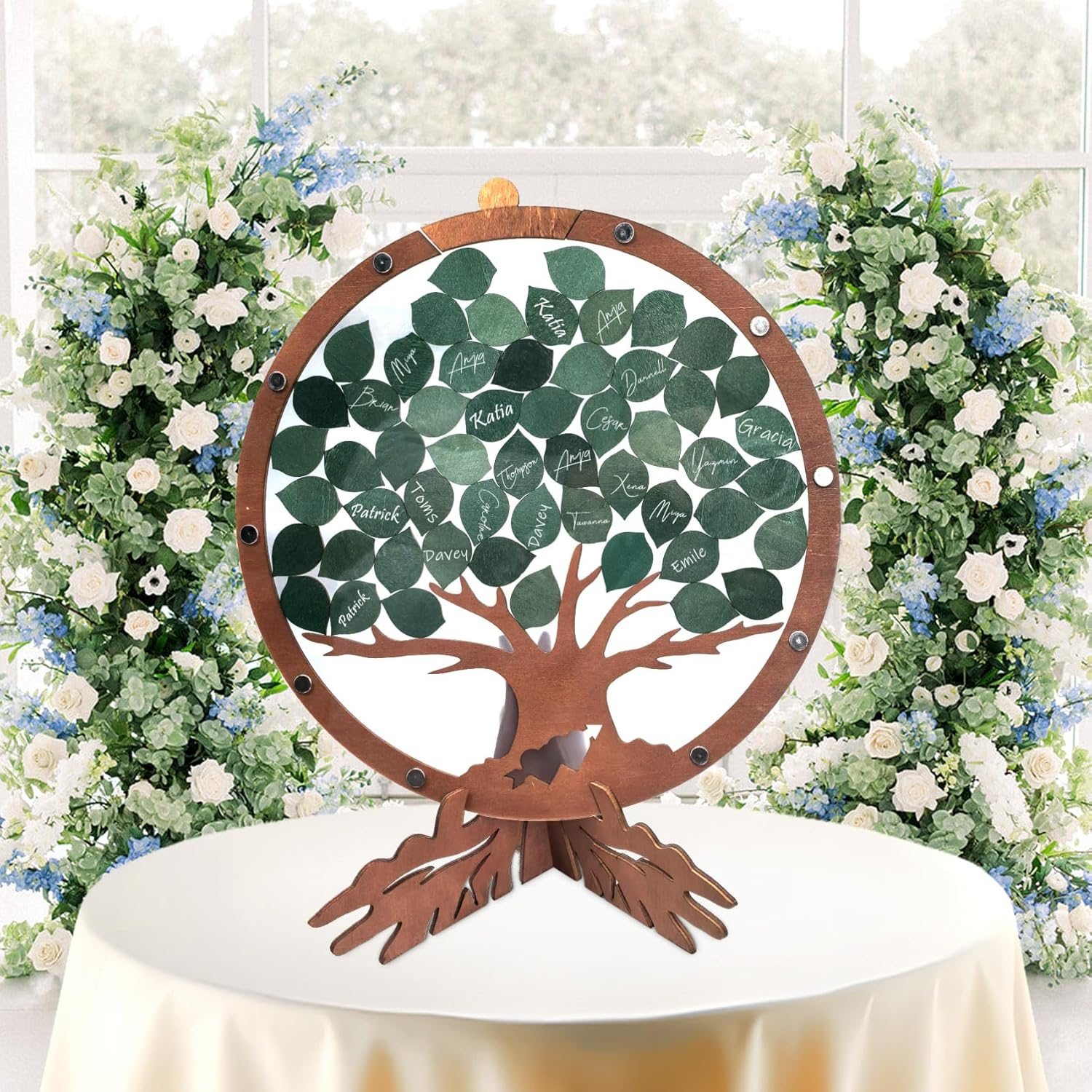 PAMBO Wedding Guest Book Alternative with 55 Green Leaves,Rustic Wooden Family Signing Tree Guest Book - 12" Handcrafted Wedding Decoration & Keepsake image number 5