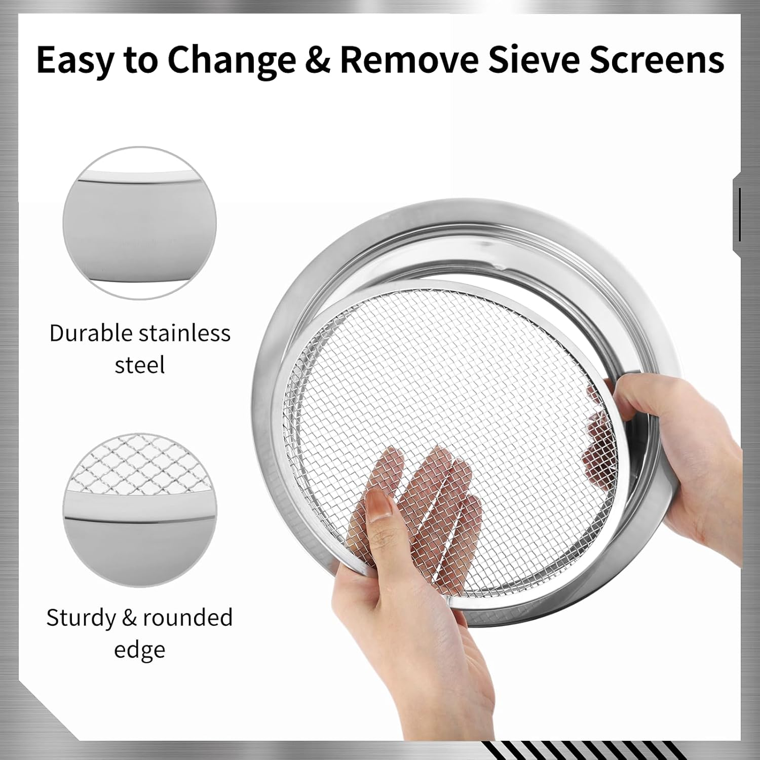 Soil Sifter Stainless Steel Riddle Sieve Set for Gardening with 5 Sizes 8" Diameter 1/3/6/9/12Mm Interchangeable Meshes - Garden Potting Sieves with Shovel - Planting Soil Sifters Strains image number 1