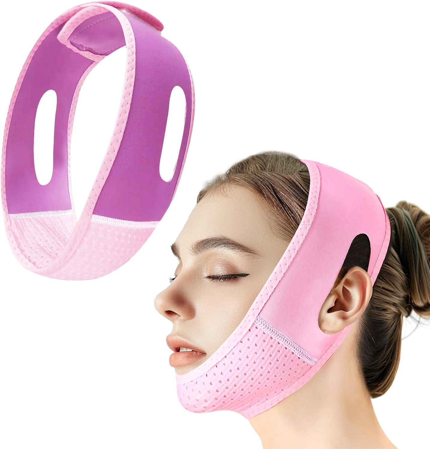 Reusable V Line Lifting Mask with Chin Strap, V Shaped Face Mask for Sagging, Jaw Exerciser (Pink and Purple) - Colorful image number 3