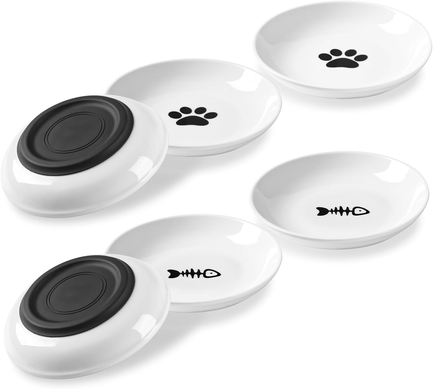 Cat Food Bowls - Whisker Friendly Ceramic with Nonslip Silicone Bottom, Pack of 3 Quiet Dishes and Plates for Feeding Indoor Cats, Kittens and Small Dogs (Cat Paw)