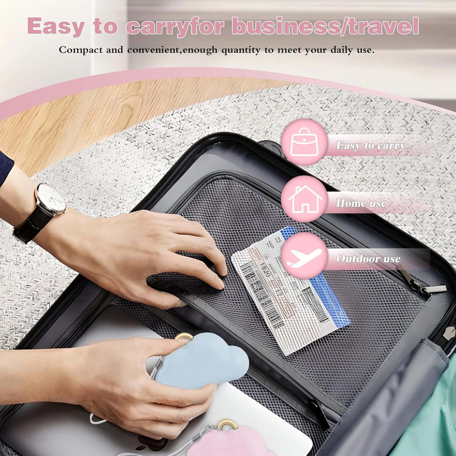 2 Pack Travel Portable Lint Roller with Hand Strap, Reusable Mini Lint Rollers with 6 Refill, Lint Remover for Clothes Bag (Blue+Pink) image number 3