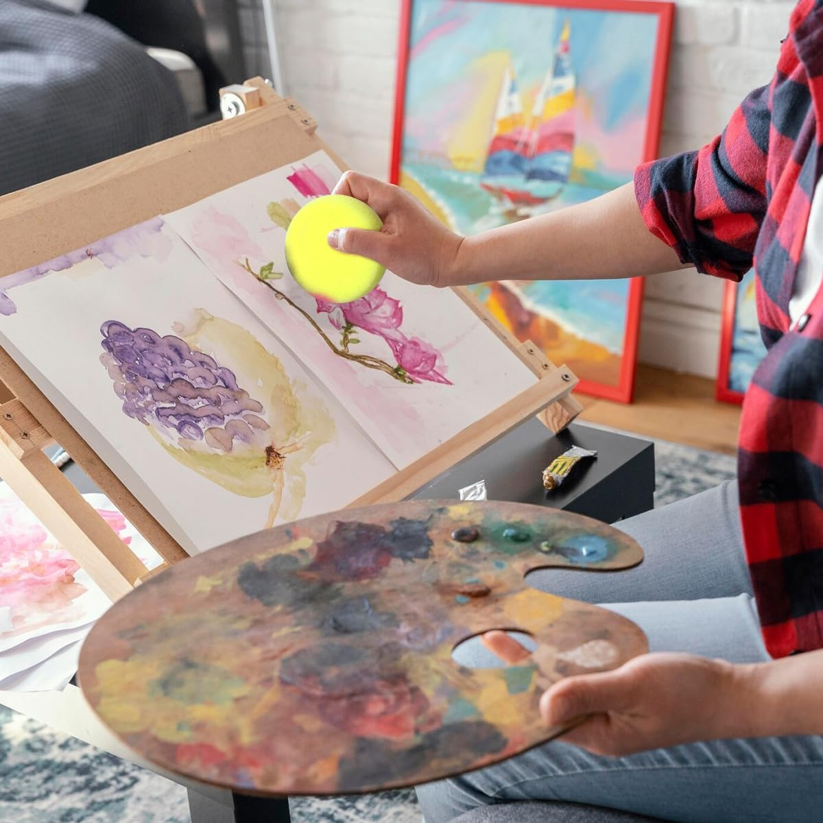 BEZANU Paint Sponge Applicator, 12 PCS round Sponge Painting Tools for Art Crafts, Ceramics, Clay, Painting (7 X 3Cm/2.75 X 1.18In) image number 5