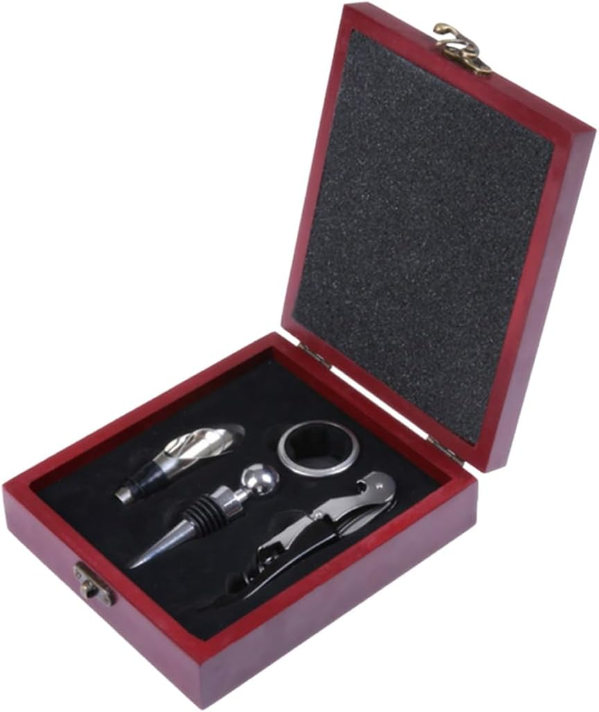 AIMALL Stainless Steel Wine Opener Set with Bamboo Box &ndash; 4-In-1 Multifunctional Corkscrew, Stopper, Drip Ring & Pourer for Red Wine, 5.9X6.7X1.85In