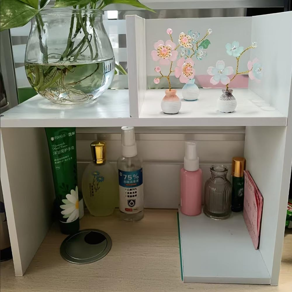 Hbluefat Small Desktop Shelf Organizer, Mini Wood Bookshelf Storage Rack, Multi-Functional Countertop Display Bookcase for Home Office School (White) image number 4