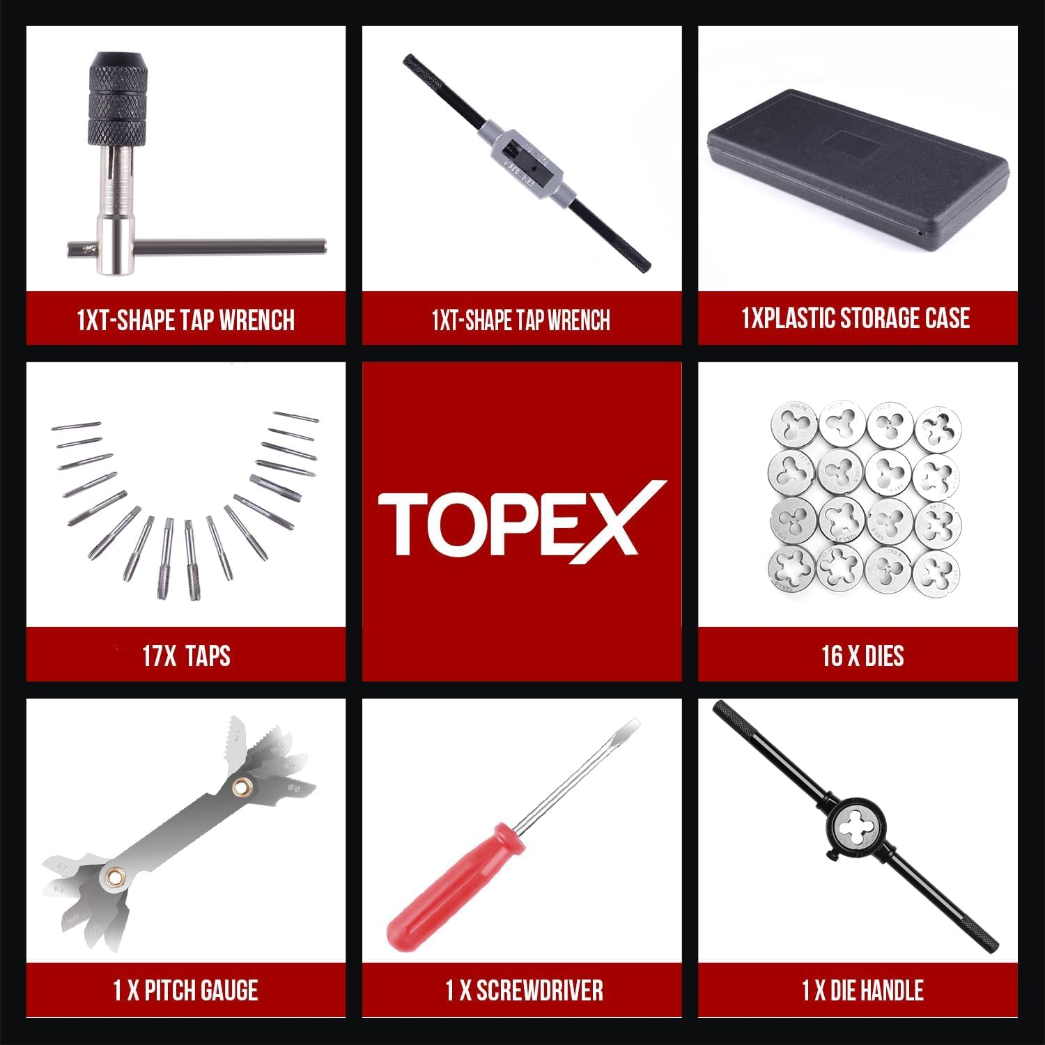 TOPEX 40 Pcs Metric Tap and Die Set Screw Thread Drill Kit Pitch Gauge M3-M12