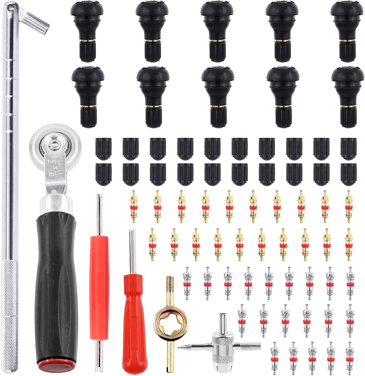 76 Pcs Tyre Valve Stem Puller Tools Set Includes TR412 Snap-In Valve Stems & Caps with Pure Copper Valve Stem Cores, Tire Patch Roller, 4 Way Valve Tool and Dual Single Head Remover image number 4