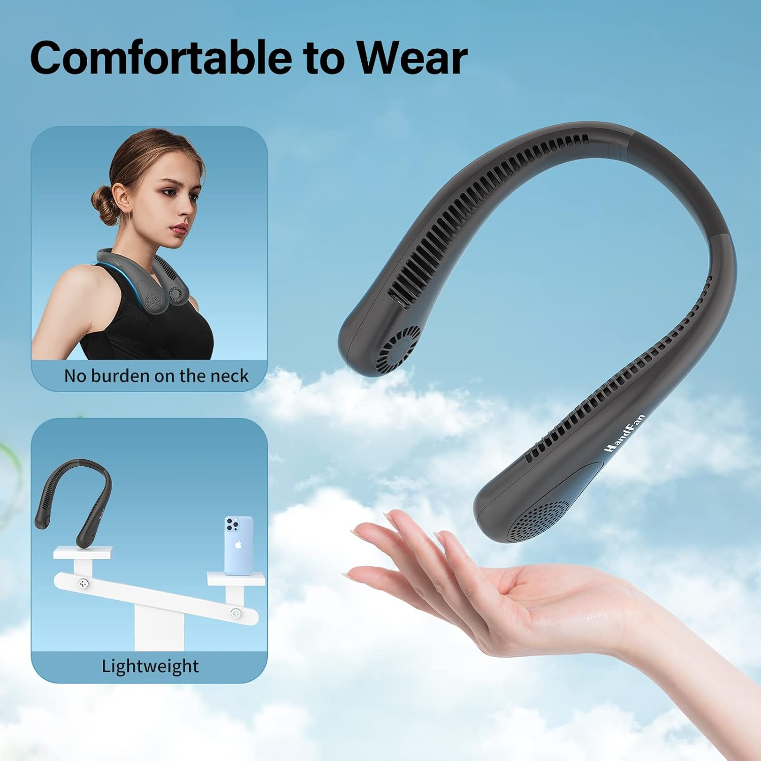 Handfan 5000Mah Neck Fan Bladeless Portable Rechargeable Lazy Wearable Fan,Usb Handsfree Fan, Mute 3-Speed 15 Hrs Working Time for Outdoor Travel (Black) image number 2