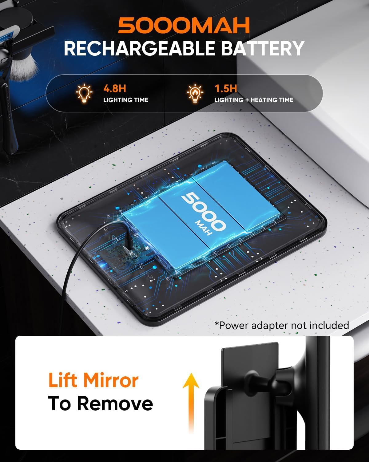 Fogless Lighted Shower Mirror for Shaving, 3 Colors Stepless Dimmable Lights, with Razor Holder, 360&deg; Rotation, anti Fog, Removable, Led Bathroom Mirror, Makeup Mirror (Black) image number 2