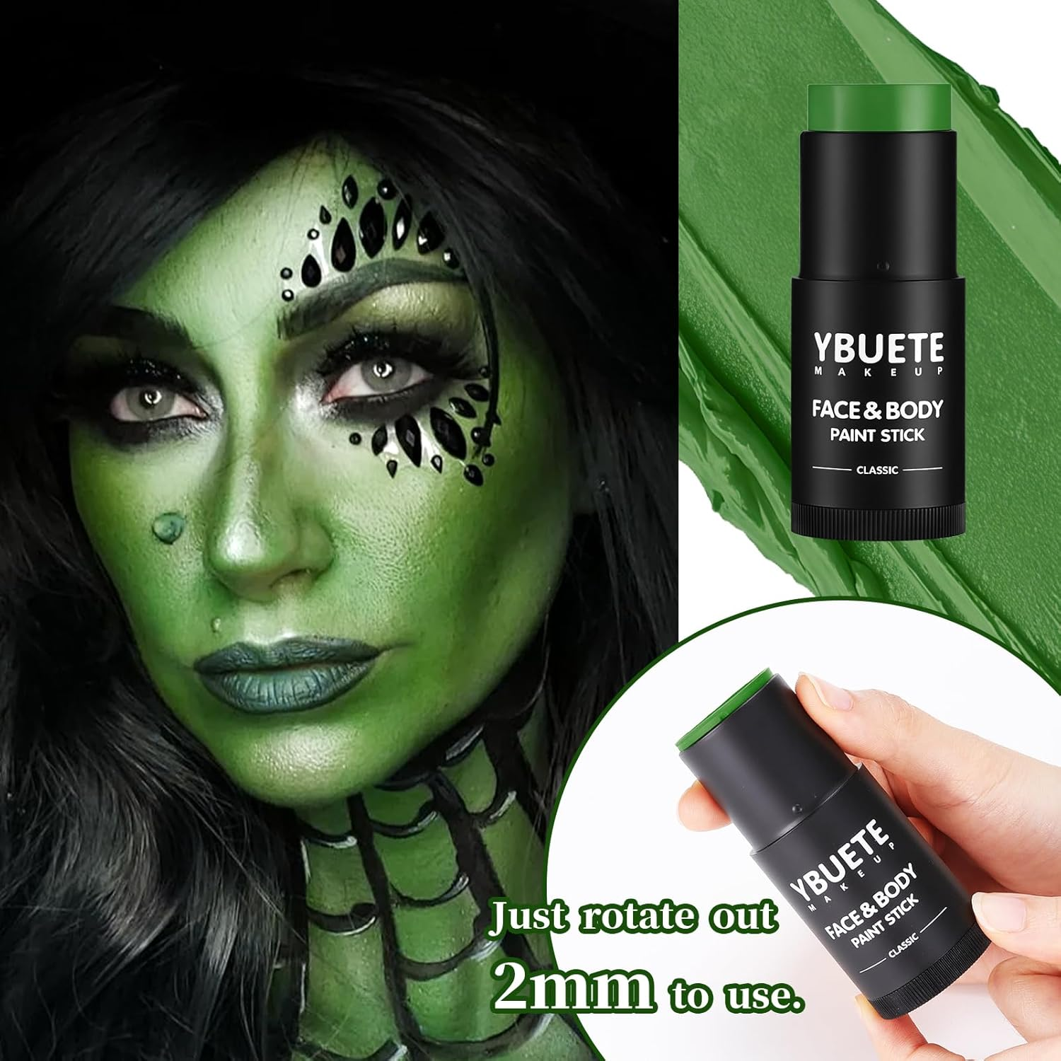 YBUETE Green Face Body Painting Stick, Professional Full-Coverage Cream Green Face Paint for St. Patrick'S Day Halloween SFX Witch Monster Cosplay Makeup,Washable Body Paint for Adult Carnival image number 4