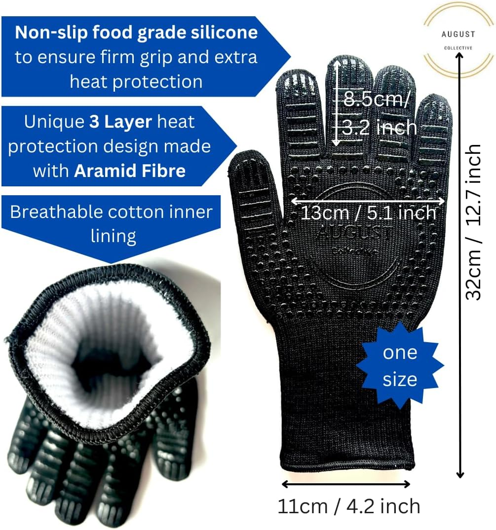 Multipurpose Heat Resistant Gloves. 1 Pair. BBQ, Grill, Oven, Fire, Cooking, Baking, Welding, Cutting and Outdoor Camping. Black. Hight Temperature. Silicone Non-Slip. August Collective Australia image number 3