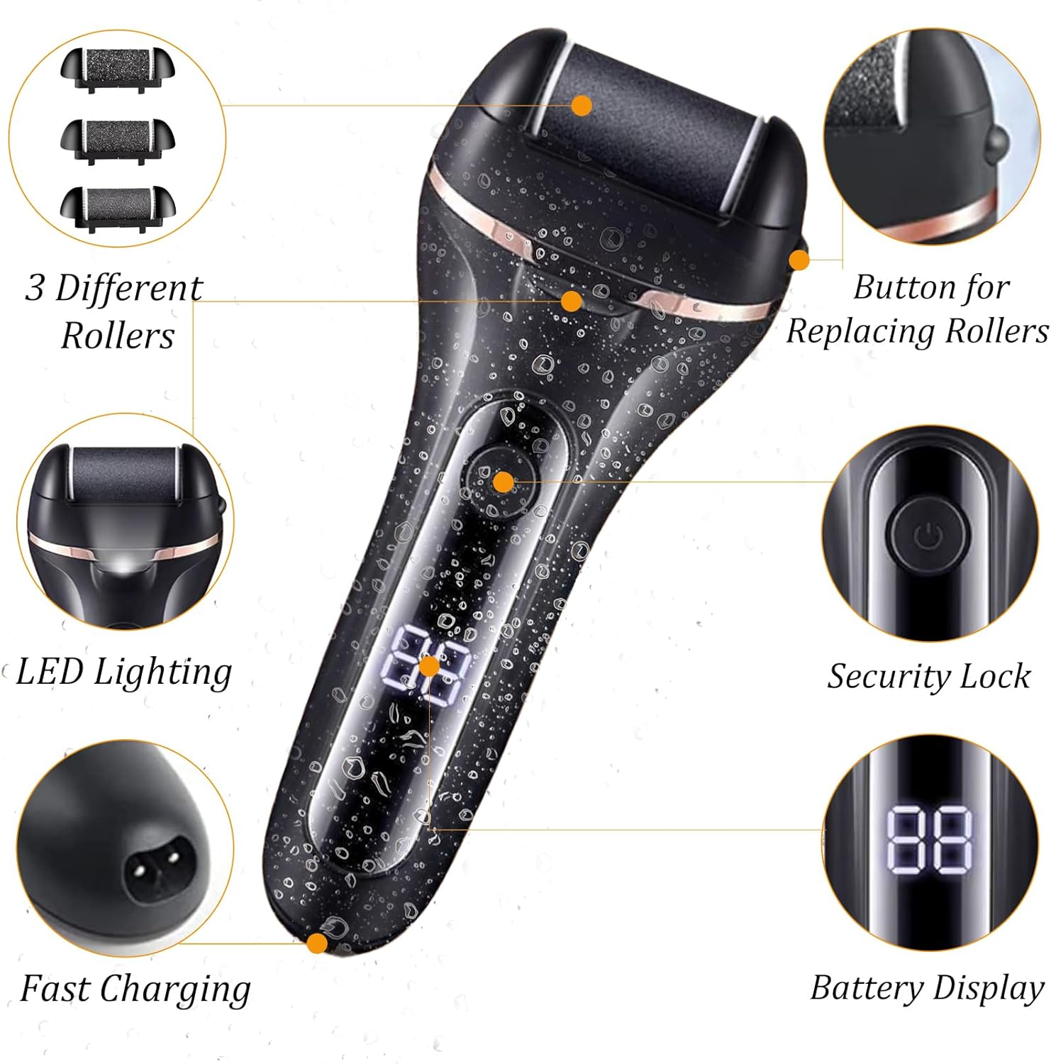 Electric Foot File, Professional Electric Feet Callus Remover Rechargeable Foot Pedicure Tools with 6 Roller Heads for Cracked Heels and Dead Skin image number 4