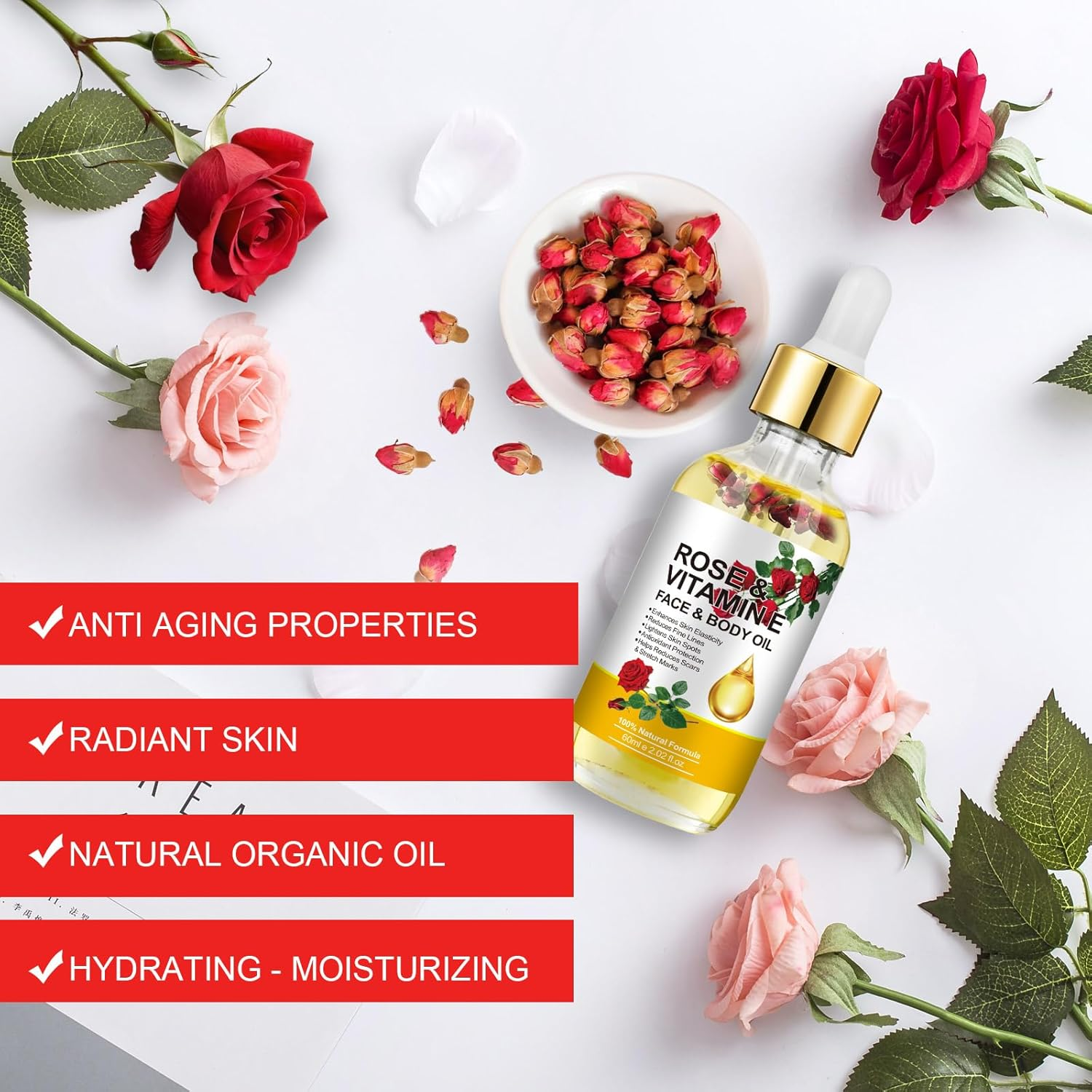 Vitamin E Oil for Skin, Rose Oil for Face, Natural Skincare Body Oil, Moisturizing Organic Rose Oil for anti Ageing, Reduce Scar and Stretch Marks 2.02 Oz image number 4