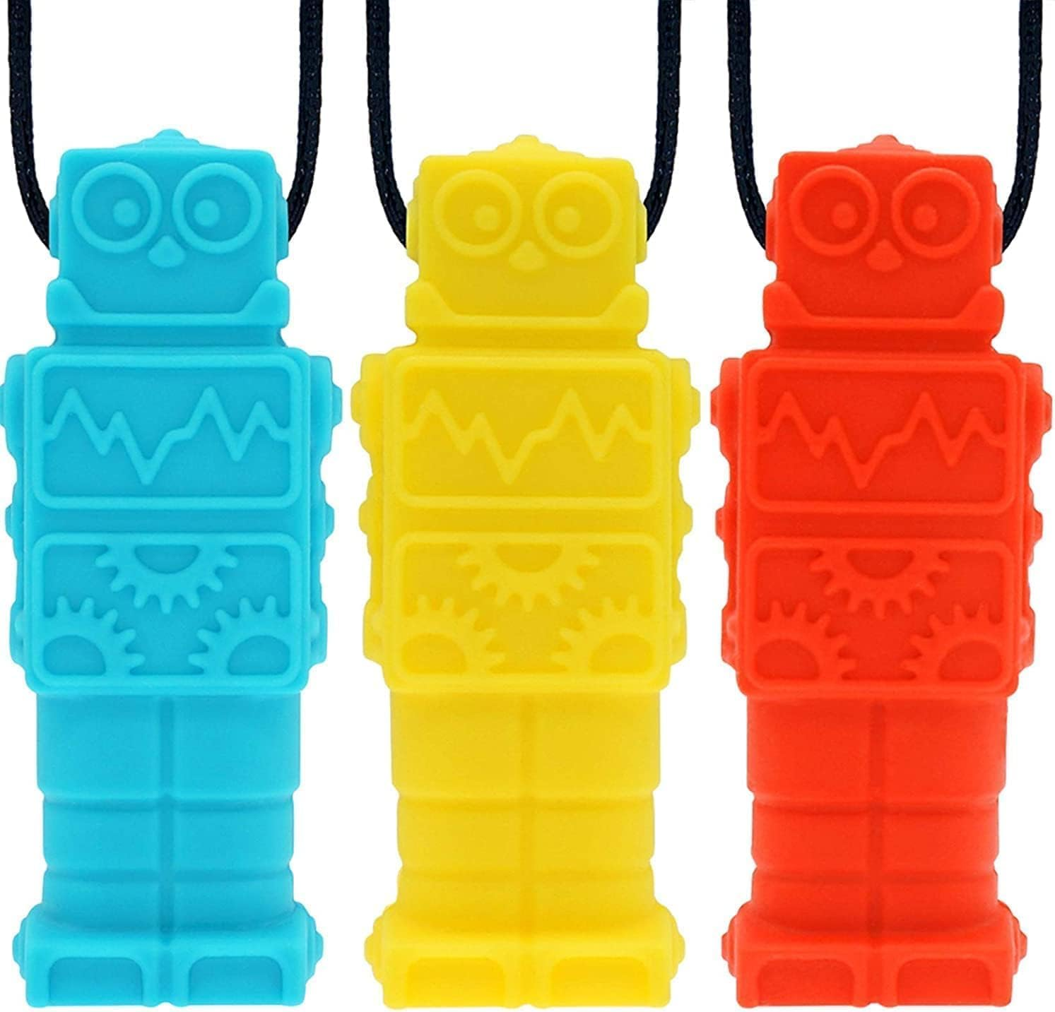 Sensory Chew Necklace for Boys and Girls(3 Pack), BPA Free Silicone Chewable Robot Pendant Necklaces for Kids with Autism ADHD - Oral Motor Chewing Toys - Blue, Red, Yellow image number 1