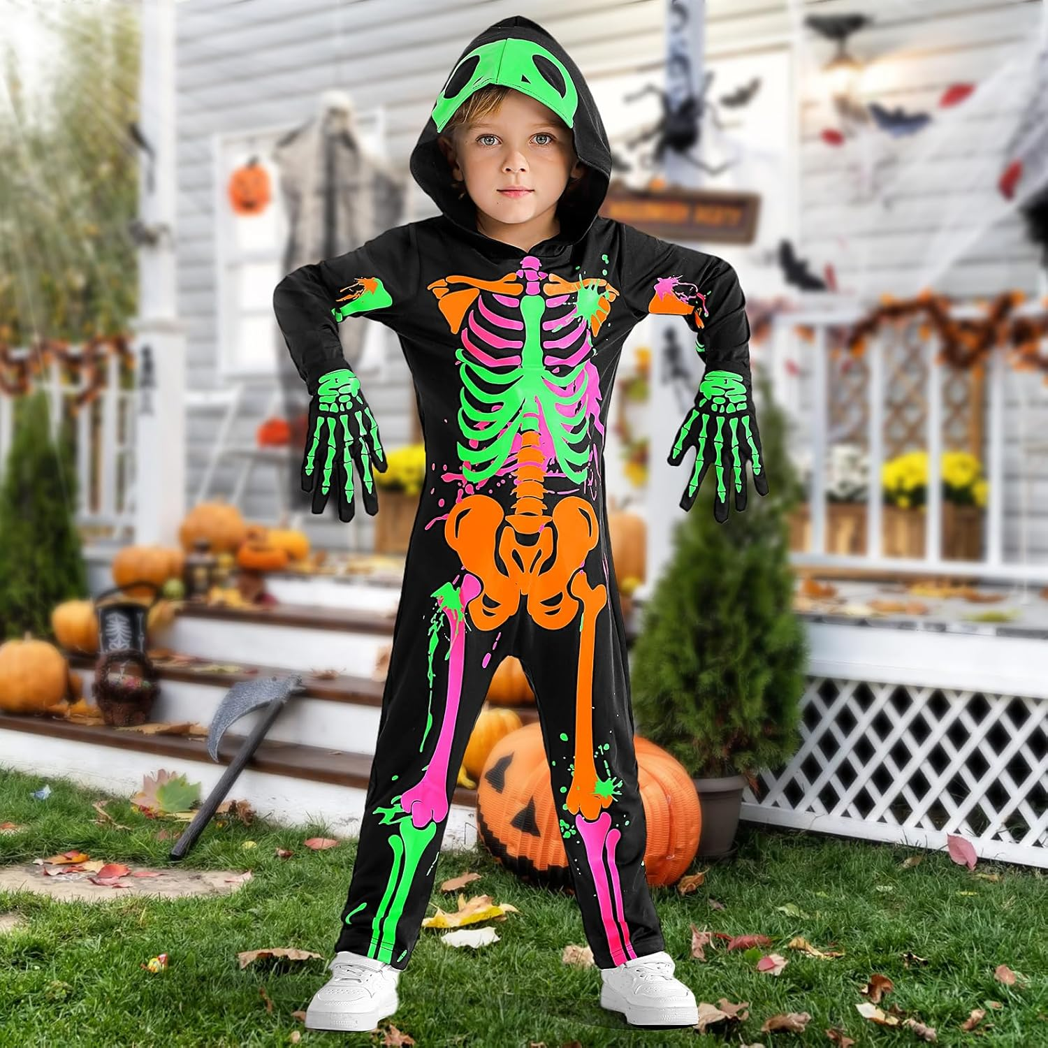 Weixinbuy Kids Halloween Skeleton Costumes Toddler Luminous Scary Skull Bones Jumpsuit Glow in the Dark Outfit for Child Baby image number 5