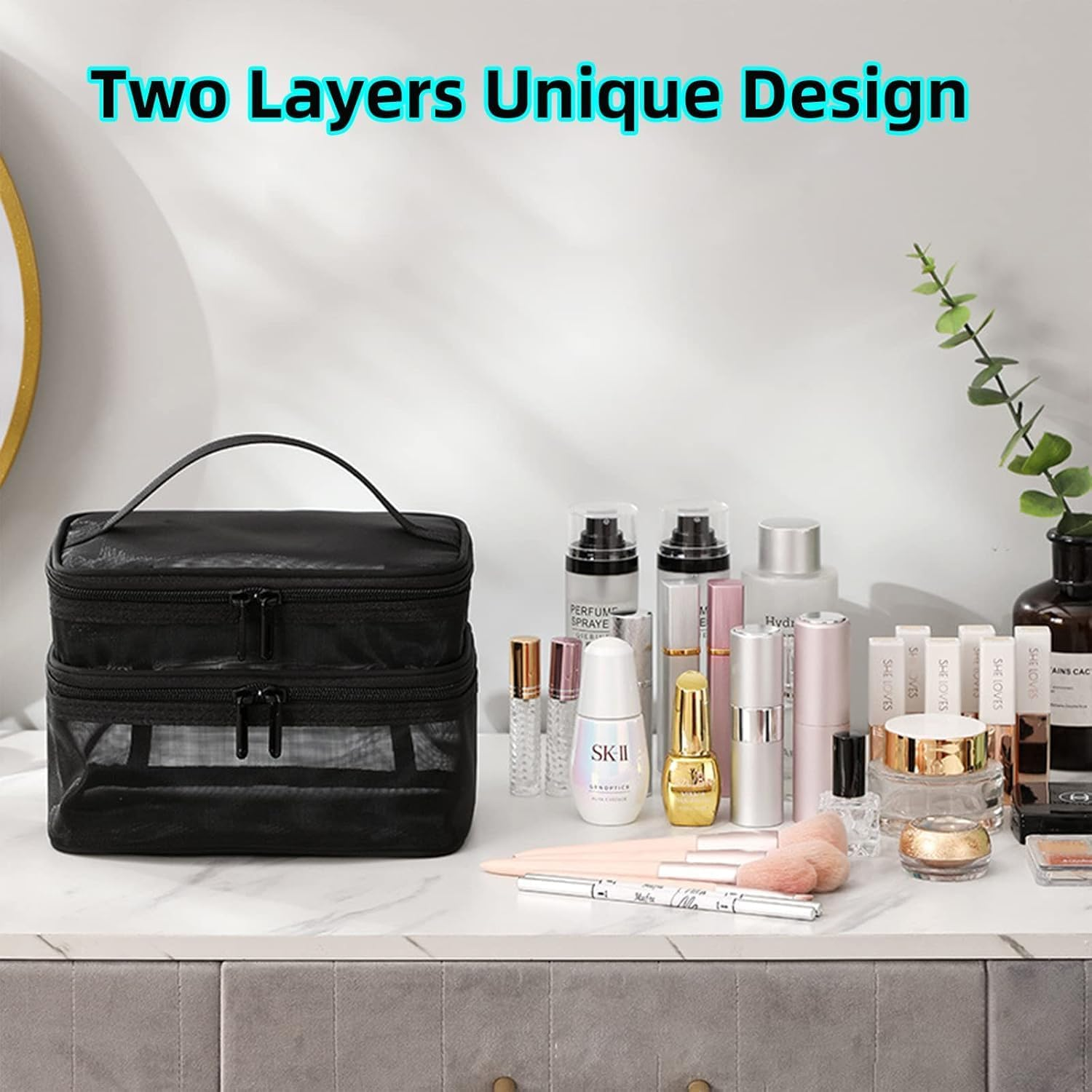 Double Layer Mesh Makeup Bag，Cosmetic Bag，Small Travel Kit Storage Pouch Clear Portable Toiletry Bags image number 1