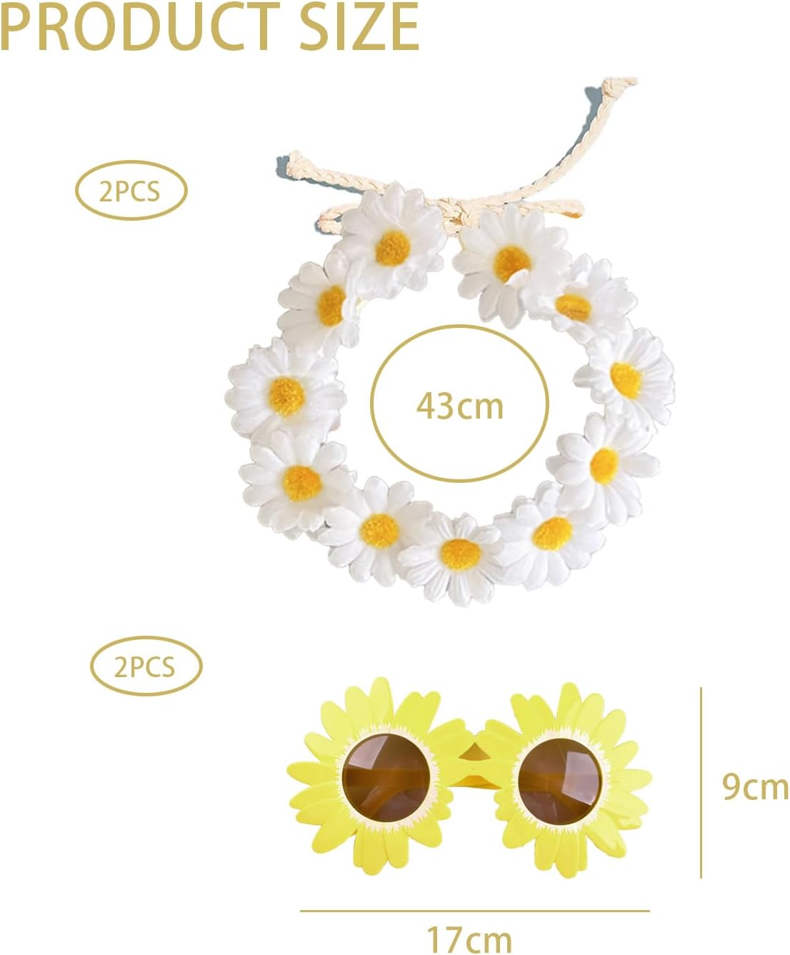 2 Daisy Hair Bands and 2 Glasses with Daisy Flowers, Fashion Garland Hair Band Floral Wreath Daisy Accessories for Women and Girls Elastic Fasteners Adjustable Travel