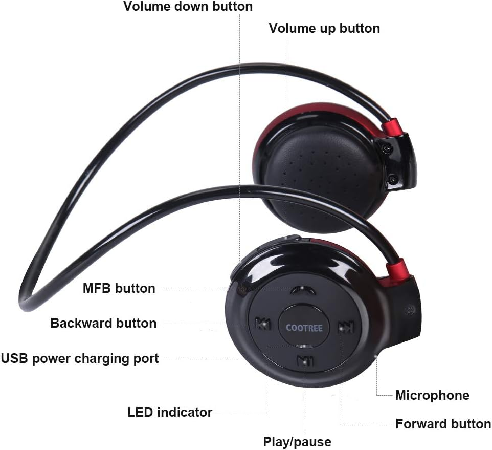 Cootree Wireless Headphone Sports Headset with Built in Microphone,Bluetooth Headphones behind the Head,Foldable and Carried in the Purse, Black/Red image number 1