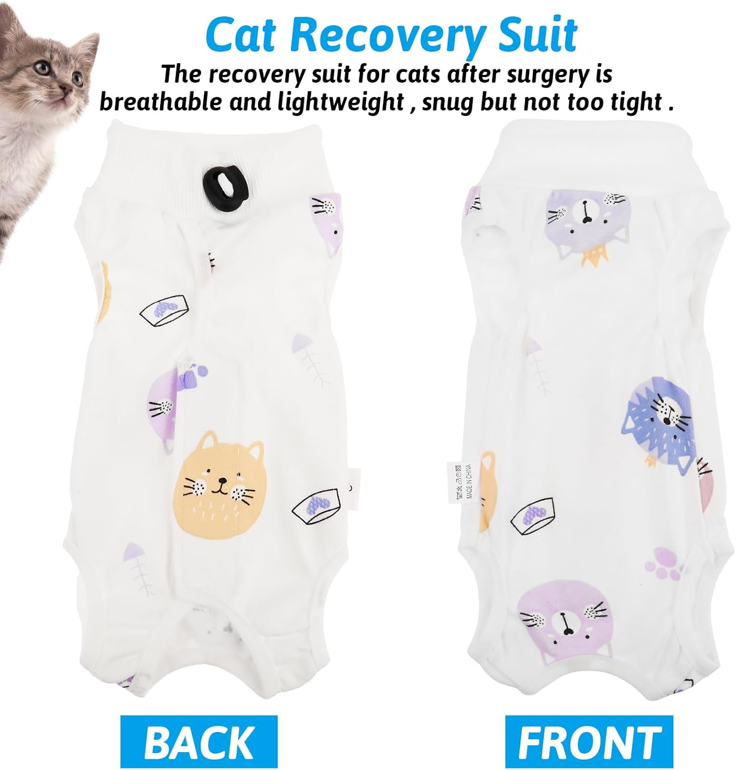 WLLHYF Cat Surgery Recovery Suit, Breathable Kitten Onesie Full Bodysuit Clothes, Post Neuter Surgery Spay Cone anti Licking, Abdominal Wound Protector for Small Male Female Pets (Medium)