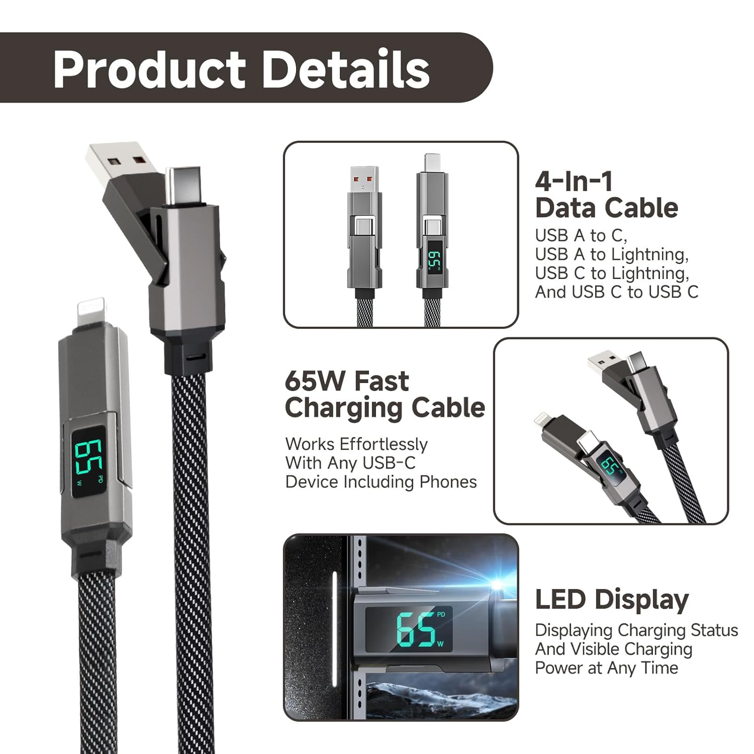 Havenease- 65W 4-In-1 Fast Charging Cable with LED Display USB C to Lightning and USB a Cable Compatible with Iphone 16 15 Pro Max Galaxy S23 Ipad Macbook Air 1.5M image number 3