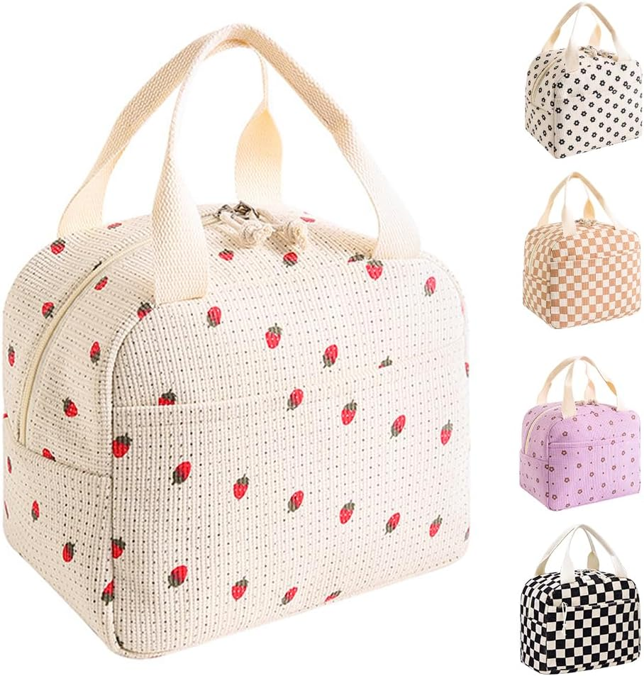 Insulated Lunch Bag for Kids & Adults, Reusable Corduroy Lunch Box Tote Bags, Leakproof Cooler Bag for Work Office Picnic School Travel BBQ, Large Capacity & Cute Design (Beige Strawberry)