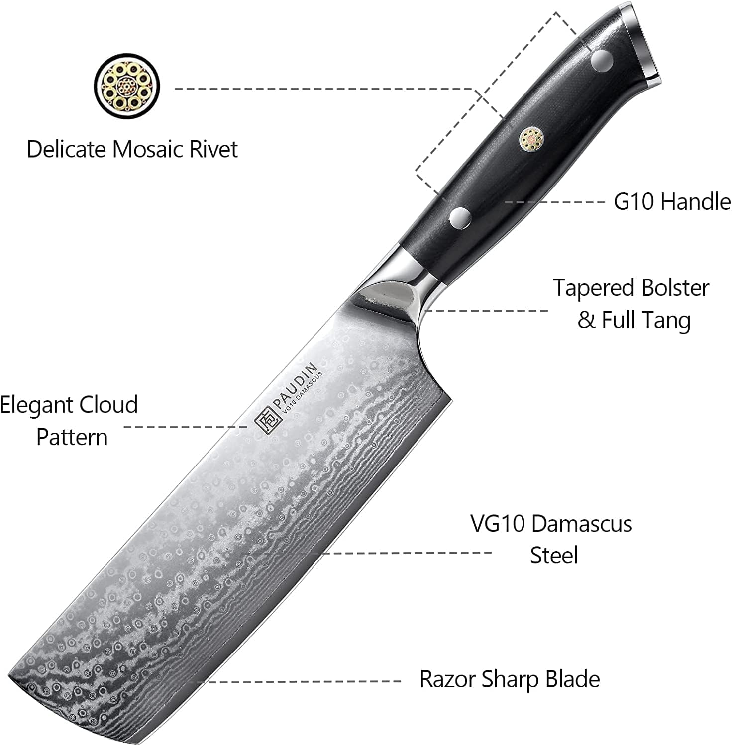 PAUDIN Nakiri Knife 7'', Damascus Chef Knife, Japanese VG-10 Stainless Steel, Kitchen Knife with G10 Full Tang Handle, Razor Sharp 67-Layer Forged Blade image number 4