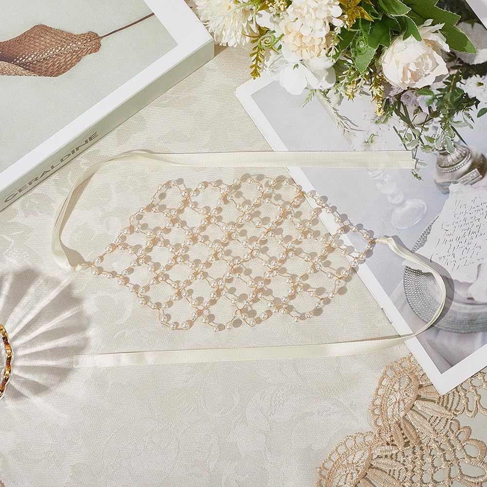 CABODYALS Bridal Headpiece with Faux Pearls White Gold Vintage Boho Beads Headband Brass Wedding Jewellery Decorative Hair Tendril Headbands for Women Dresses Birthday Party Anniversary Accessories image number 2