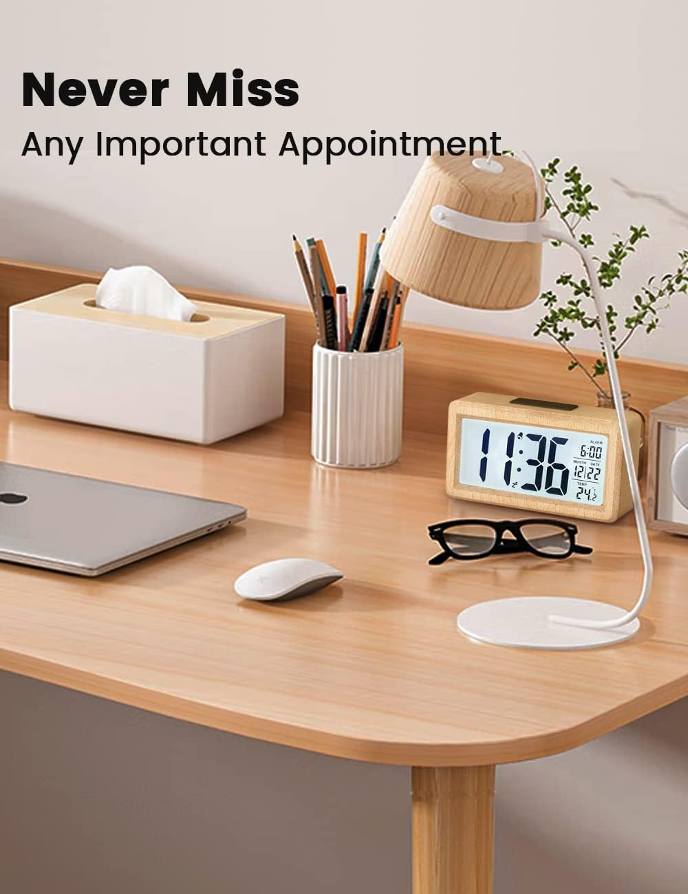 Aboveclock Digital Alarm Clock, Wooden Bedside Clock with Large LCD Backlit Display, Temperature, Snooze Function, Brightness Sensor, 3 AAA Battery Operated【Battery NOT Included】 image number 3