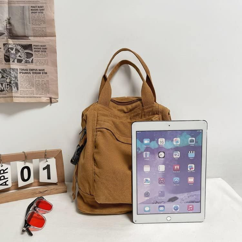 Small Boho Canvas Backpack for Women Vintage Style Outdoor Travel Bag Casual Daypack Grunge Aesthetic Hippie Y2K Backpack - Black image number 2