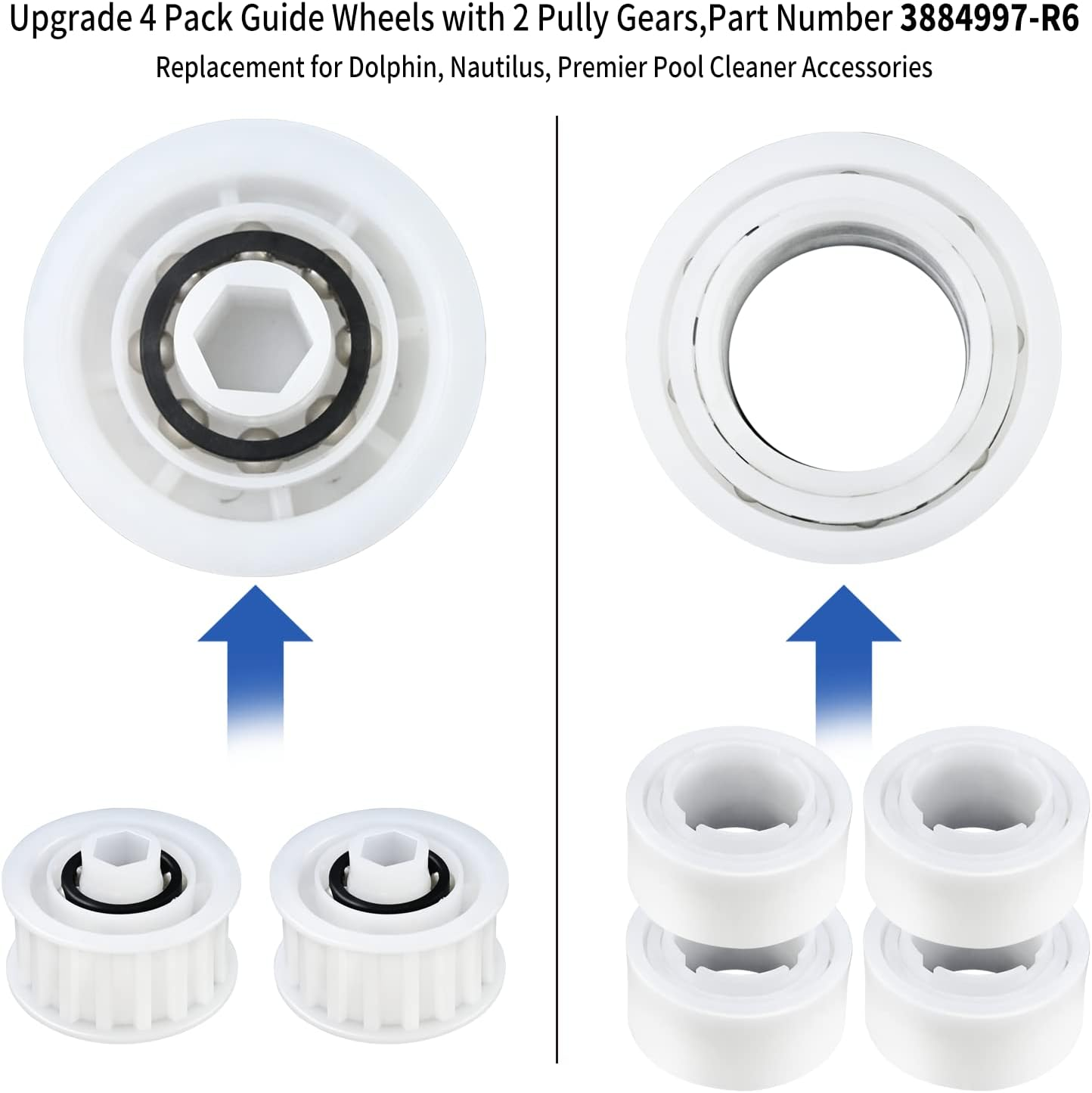 Upgrade 4 Pack Guide Wheels with 2 Pully Gears,Part Numbe 3884997-R6,Replacement for Dolphin,Nautilus CC plus Premier Pool Cleaner Accessories image number 6