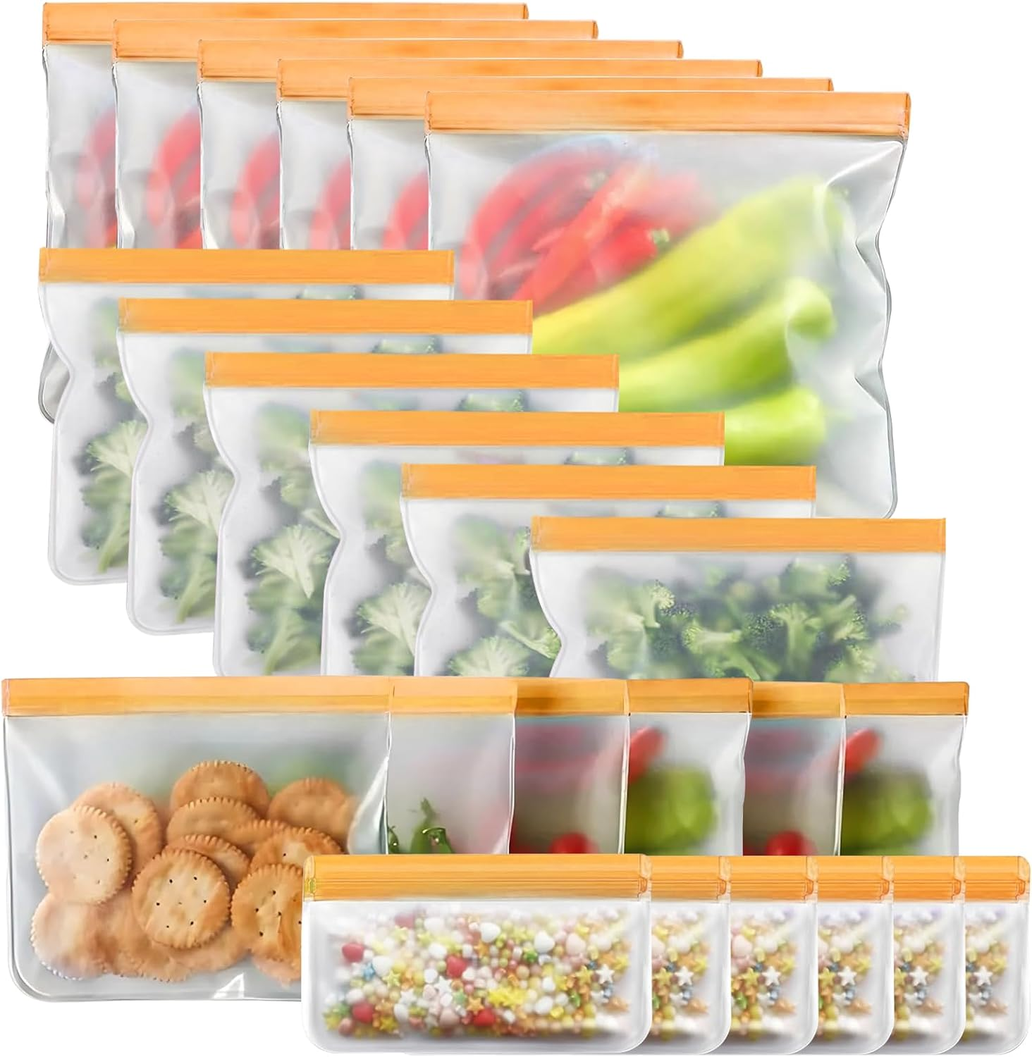 24 Pack Extra Thick Leakproof Freezer Bags, Reusabel Food Storage Bags, Bpa-Free EVA Travel Storage Bag, Ultra-Thick Sandwich Leak-Proof Eco-Friendly Sealed Bag for Grocery Lunch Meat Veggies (Orange)
