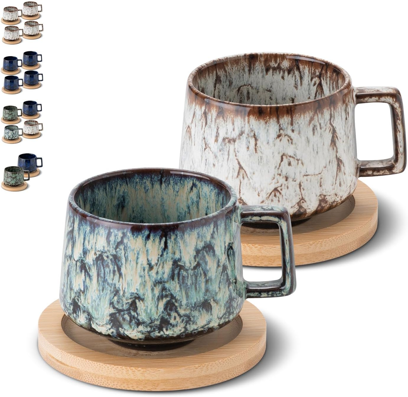 Set of 4 Espresso Cups, 190 Ml Cappuccino Cups with Wooden Saucers, Coffee Cups with Saucers, Stoneware Cups for Coffee, Americano, Latte, Cafe, Mocha and Tea (Beige + Cyan + Dark Blue + Dark Green)