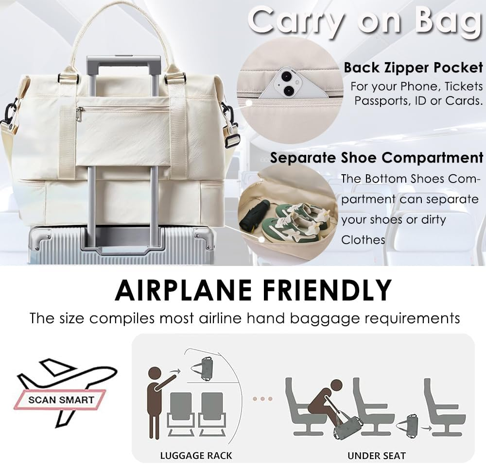 Travel Duffel Bags,Weekender Bags for Women&Men with Shoe Compartment,Large Capacity Travel Overnight Bags with Toiletry Bag,Carry on Bag for Travel, Gym,Hospital,Weekend(Beige) image number 6