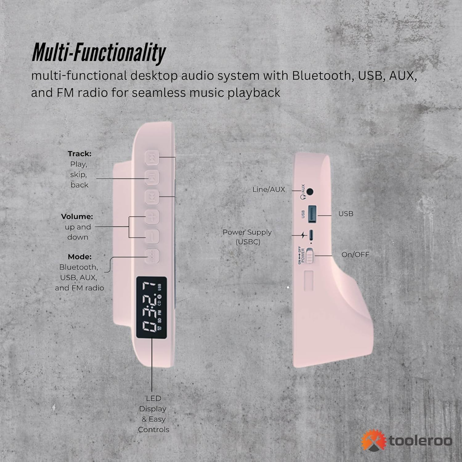 Tooleroo USB Rechargeable Desktop CD Player Speaker &ndash; Bluetooth Portable Pink image number 3