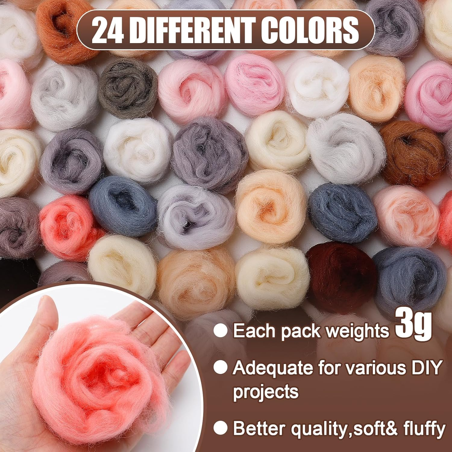 72Pcs 7.6 Oz Needle Felting Wool- 24 Dark Colors Nature Fibre Wool Yarn Roving Needle Felting Hand Spinnings for Wool Felting Yarn Supplies DIY Craft Materials, 3G/Pack image number 4
