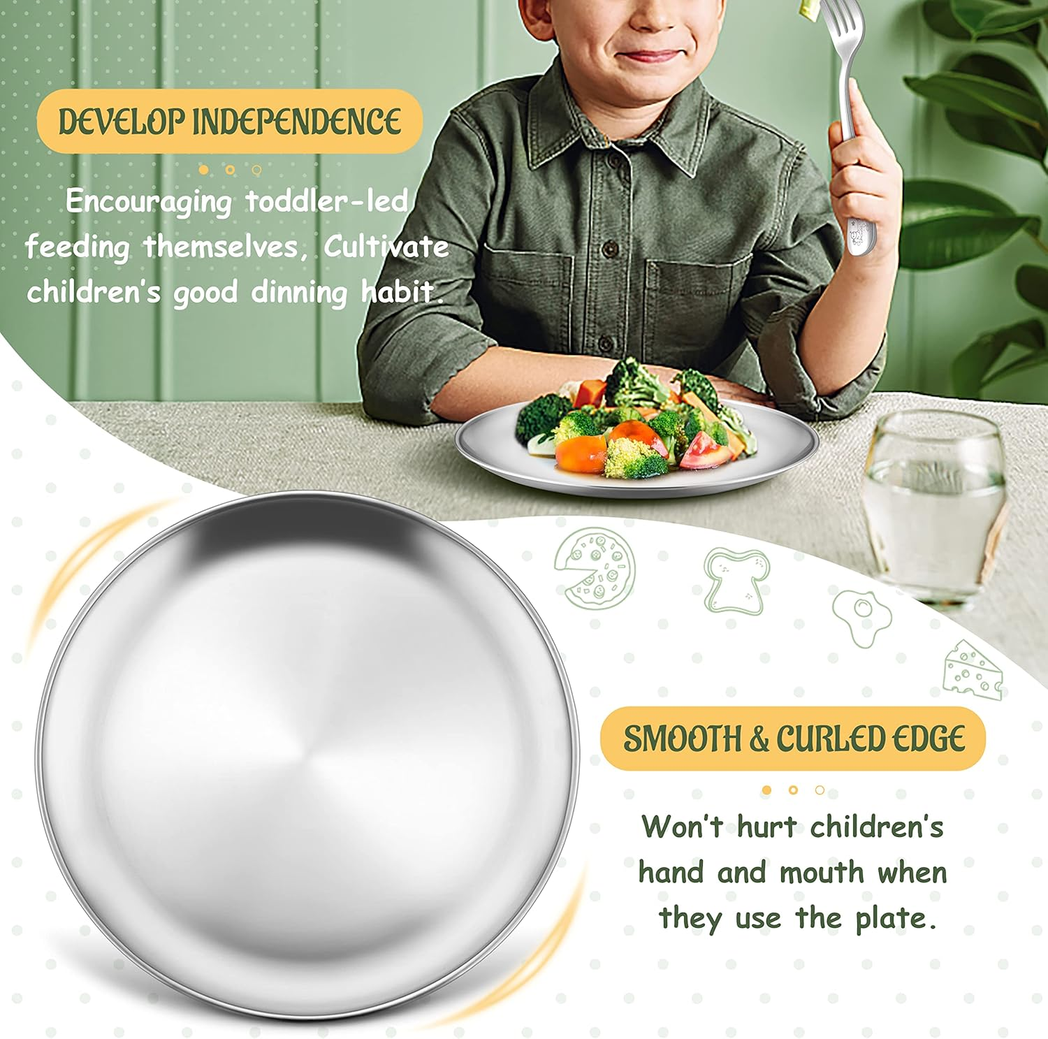 Haware 4-Piece 18/8 Stainless Steel Plates, Metal 304 Dinner Dishes for Kids Toddlers Children, 9 Inch Feeding Serving Camping Plates, Reusable Dinnerware, Shatterproof & Non-Toxic, Dishwasher Safe