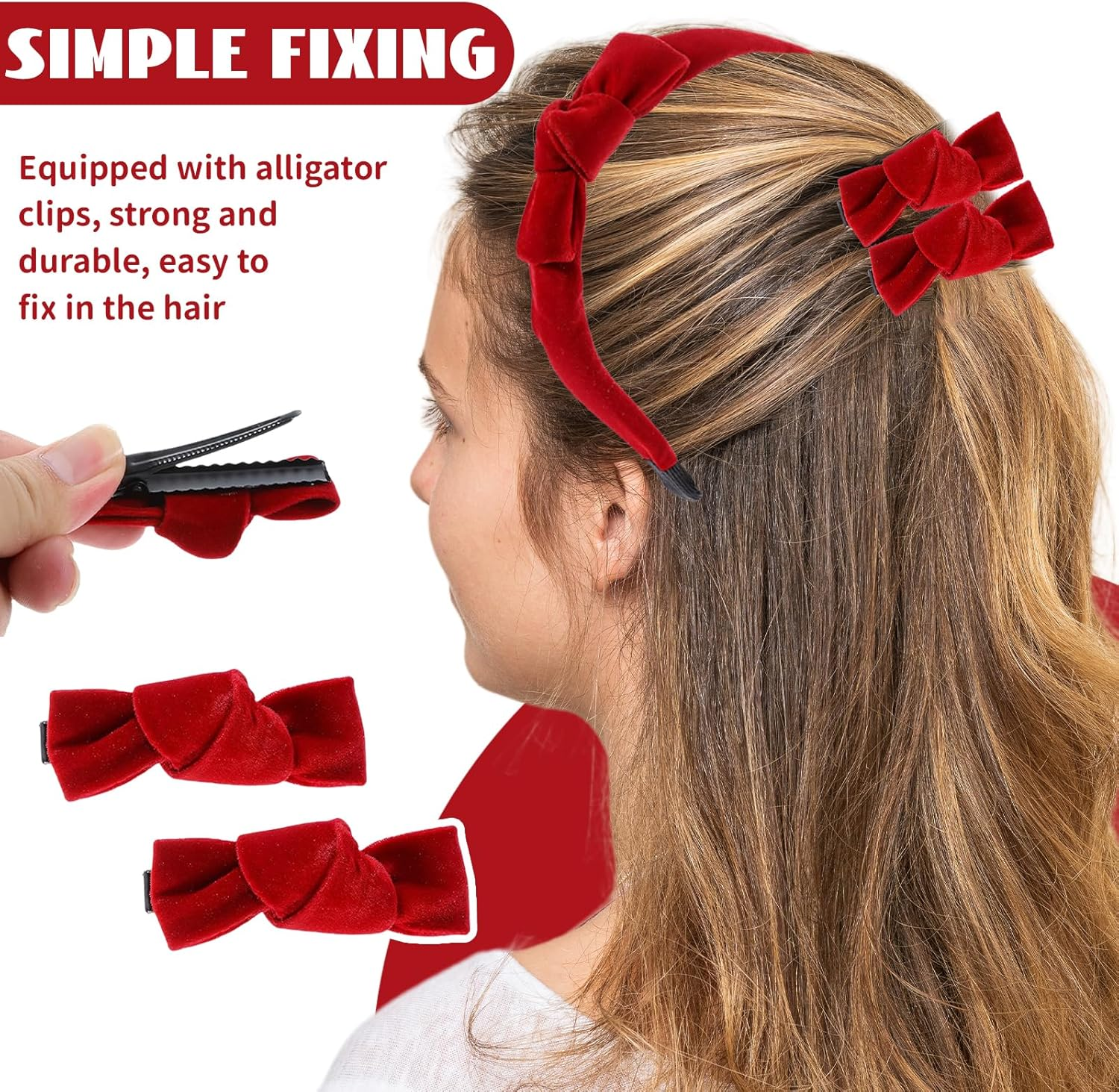 TELAIN Set of 3 Red Velvet Headband and Bows Set, Elegant Hair Accessories with Alligator Clips, Comfortable and Versatile for Stylish Looks image number 3