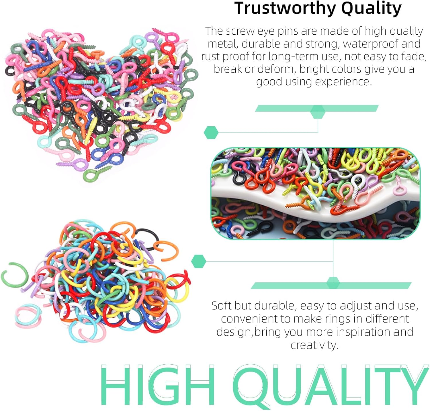 Keadic 1200Pcs 2 Sizes Mini Metal Screw Eye Pins and Open Jump Ring Set, Colorful Jewelry Making Findings Supplies for Cork Bottles Earring Charm Crafting image number 6