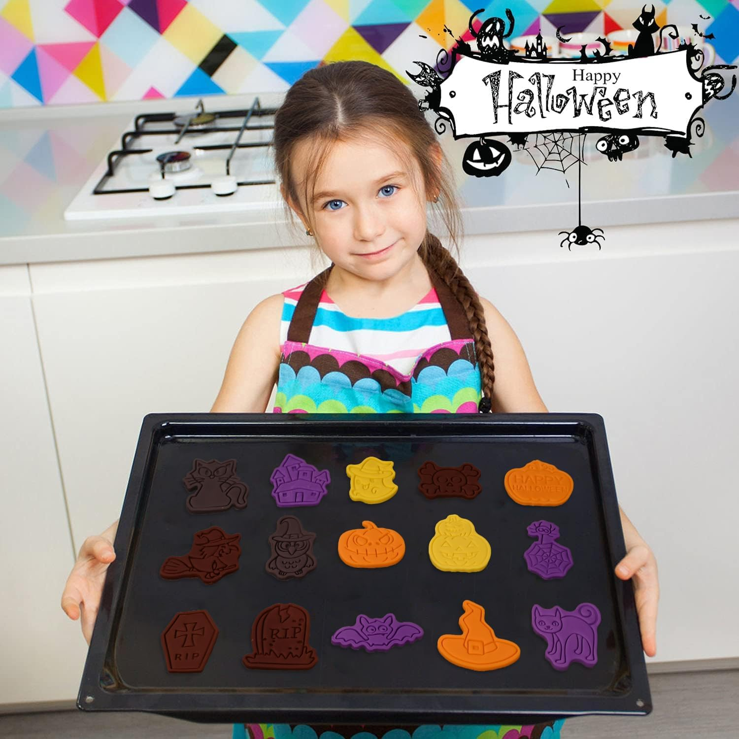 Sakolla 16 Pcs Halloween Cookie Cutters, 3D Cookie Cutter with Plunger Stamp, Halloween Cookie Molds -Ghost, Bat, Pumpkin, Cat, Castle,Tombstone, Witch, Spider, Skull, Etc. image number 1