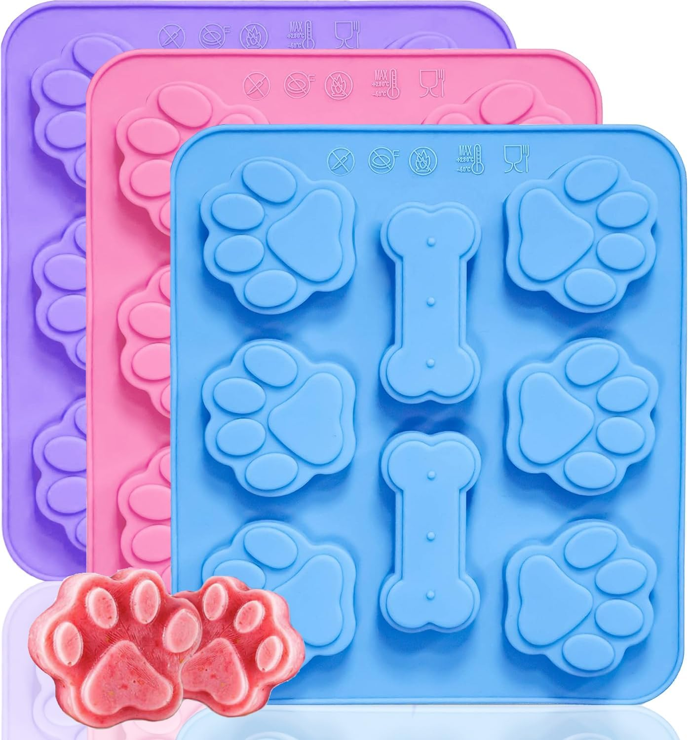 Sunyuneey 3 Pcs Silicone Dog Treat Molds, Pink & Blue, Puppy Paw & Bone Shapes, BPA Free, Oven, Microwave, Dishwasher Safe image number 3
