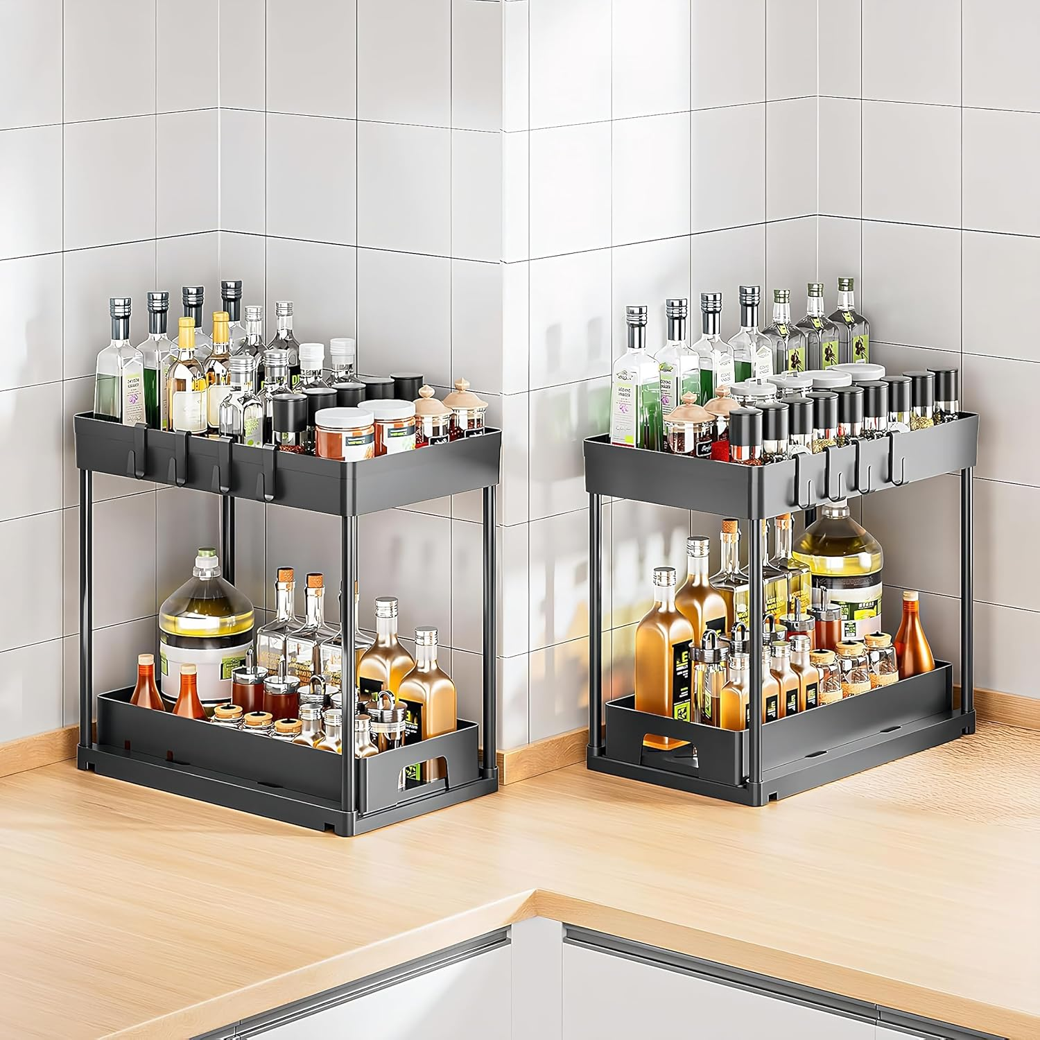 Kintiva 2 Pack under Sink Organiser, 2 Tier Sliding Storage Rack for Kitchen Bathroom Cabinet (Black) - Black image number 5